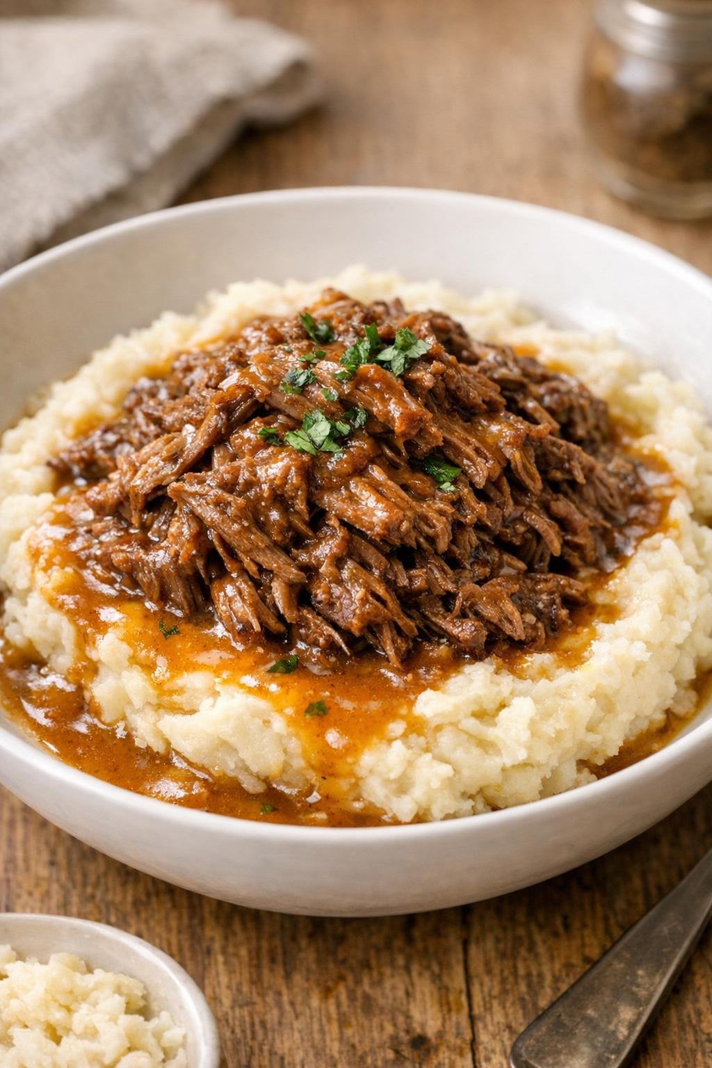 Finished slow cooker beef served over mashed potatoes