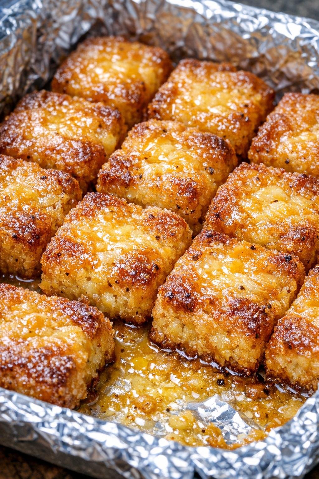 Southern 3-ingredient golden cafeteria bites in a foil-lined baking tray