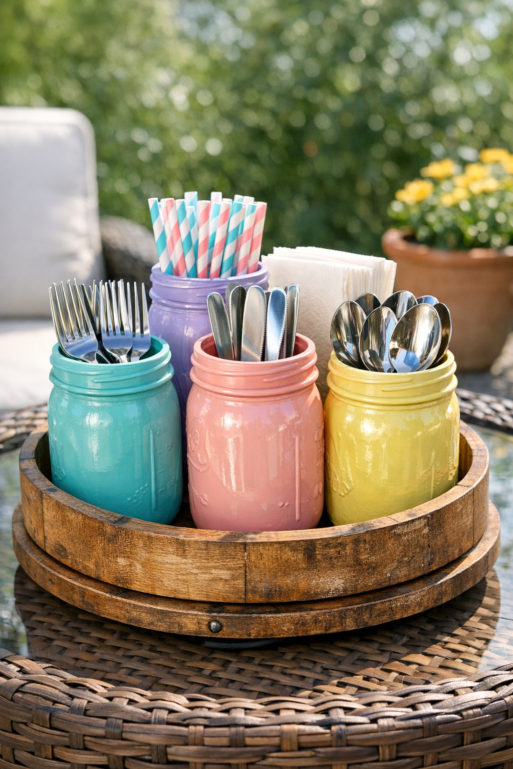 Finished pastel mason jar utensil caddy in a rustic wooden lazy Susan tray