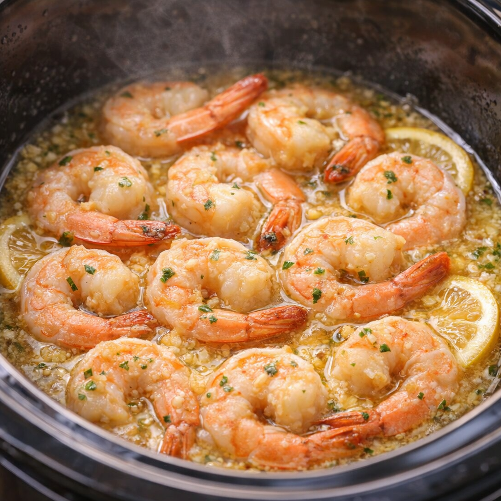 Cooked shrimp in garlic lemon butter sauce