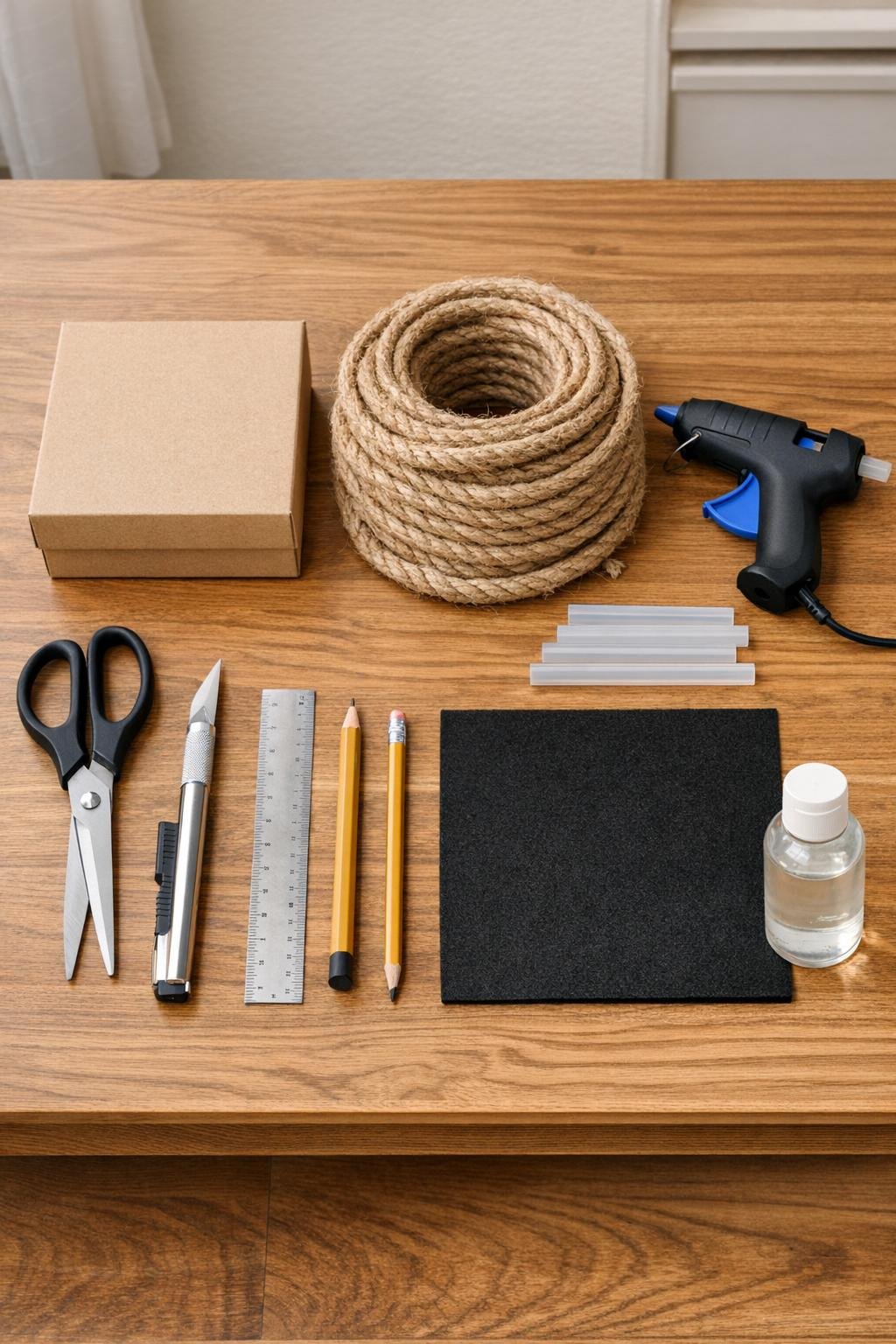 Materials laid out for a rope-wrapped cardboard box lid tray