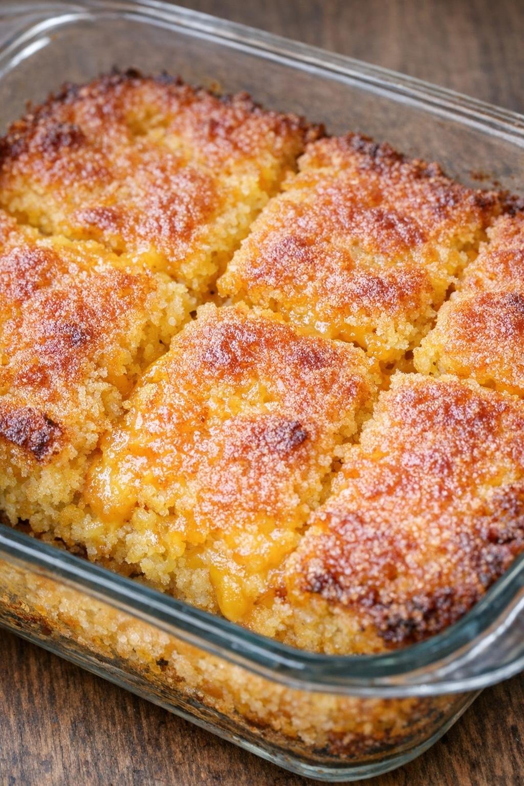Southern 3-ingredient cheesy cornmeal squares baked in a glass casserole dish