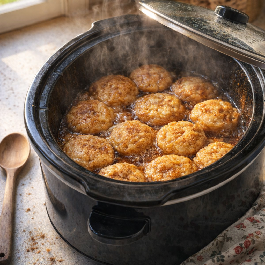 Slow cooker biscuit dessert in a rustic kitchen