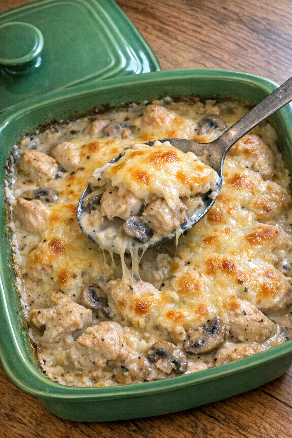 Finished Chicken Rosewood in a green vintage casserole dish