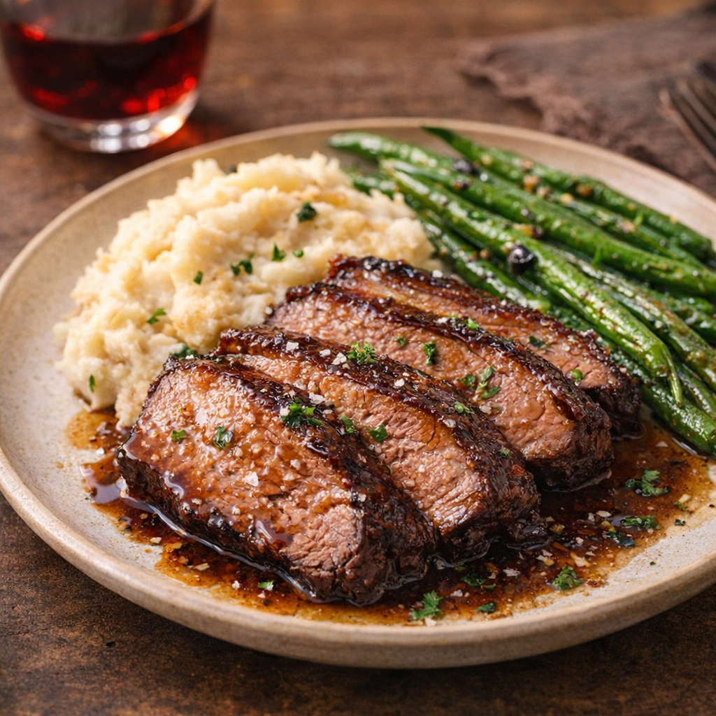 Sliced slow cooker picanha plated with potatoes and green beans