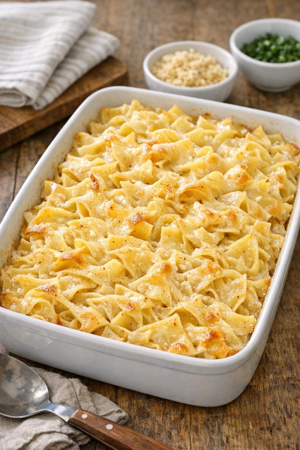 Finished baked honey butter noodles in a casserole dish