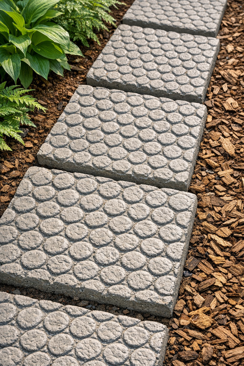 Finished quilted cement garden pavers installed in a garden path