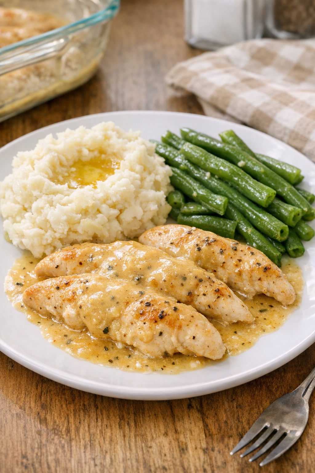 Finished baked summer camp chicken plated with creamy sauce