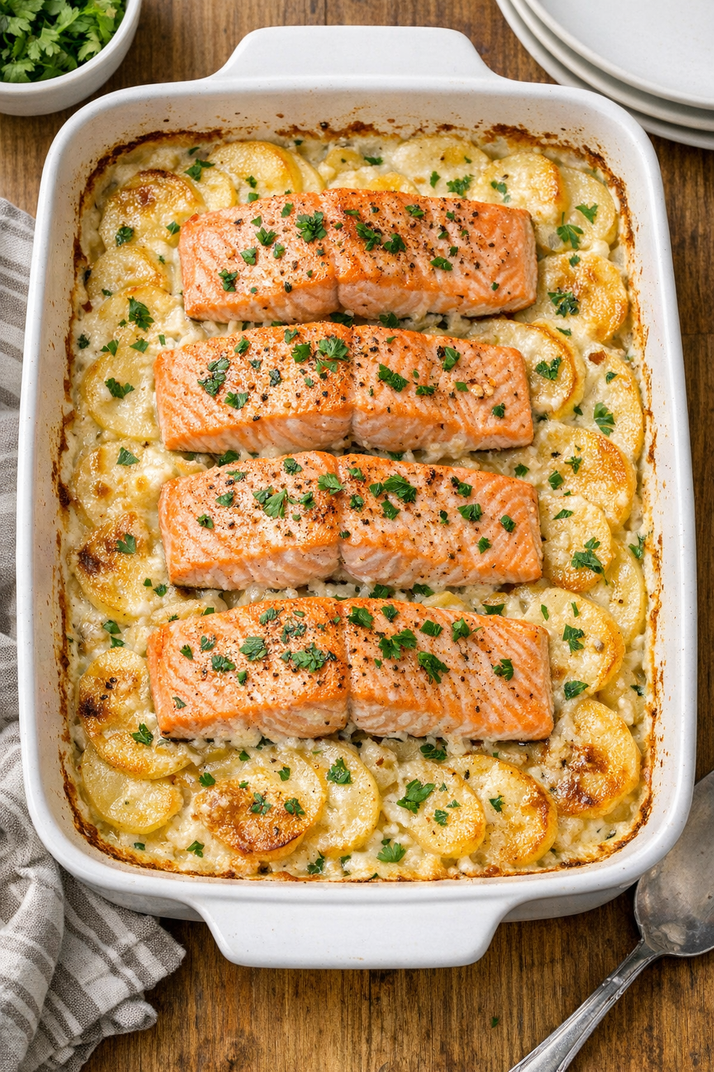 Finished baked salmon and scalloped potatoes in a baking dish