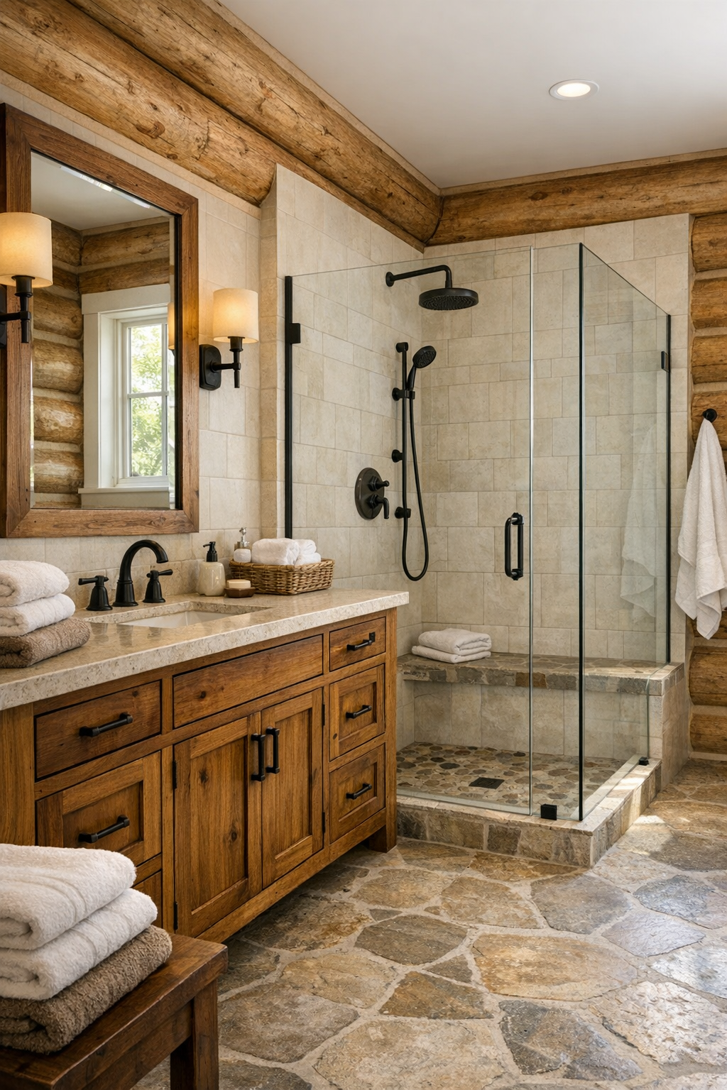 Bathroom with wood vanity, walk-in shower, and simple stone and tile finishes