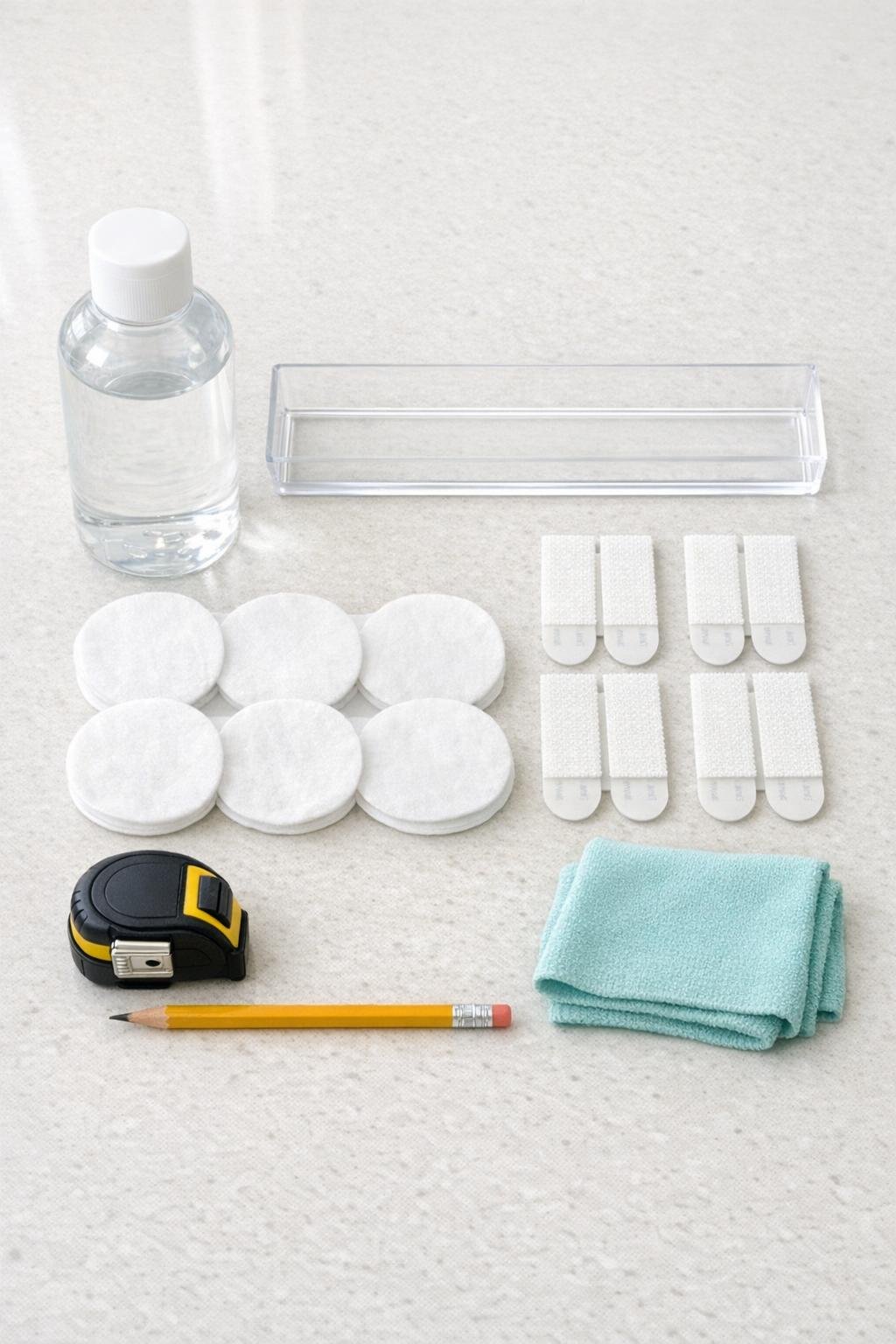 Bathroom shelf materials laid out neatly on a counter