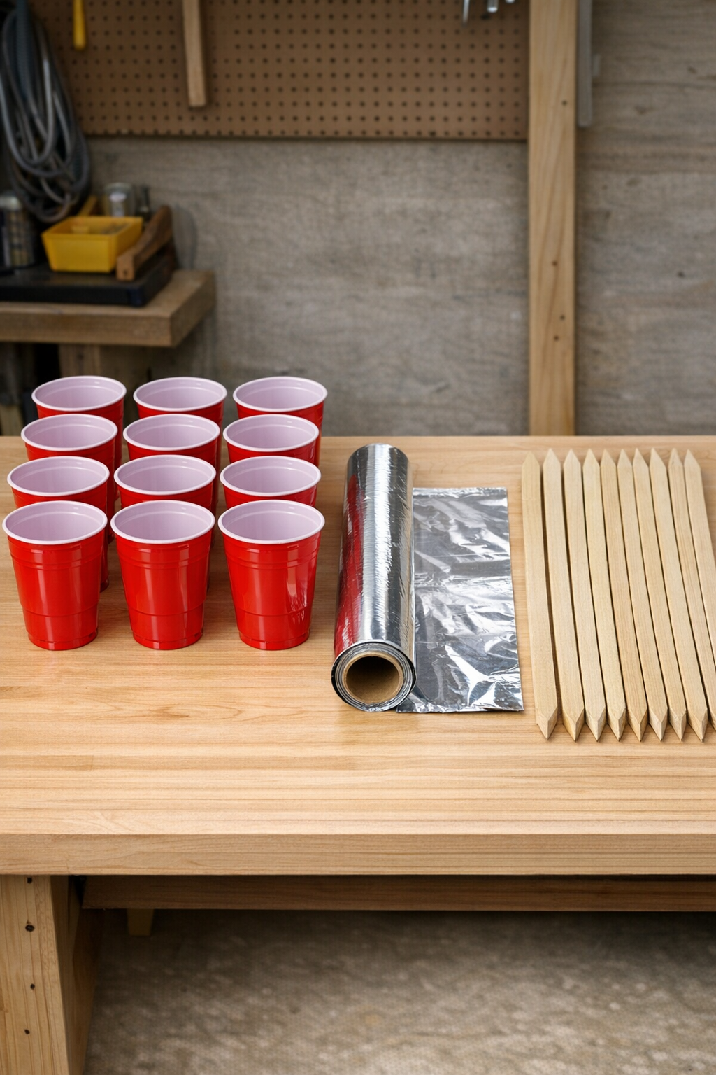 Red plastic cups, aluminum foil, and wooden stakes laid out neatly on a work surface