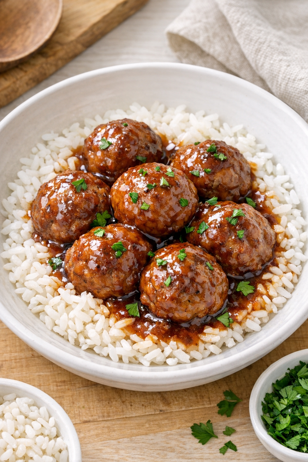 Finished slow cooker pork meatballs plated with sauce