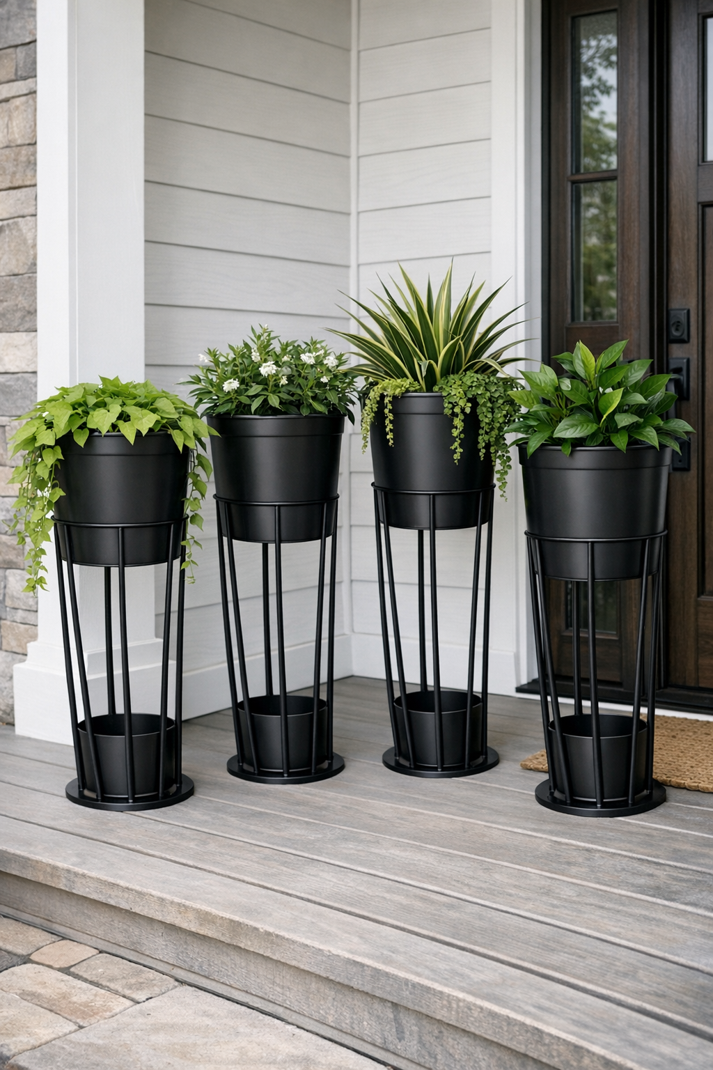 Finished tall modern black porch planters