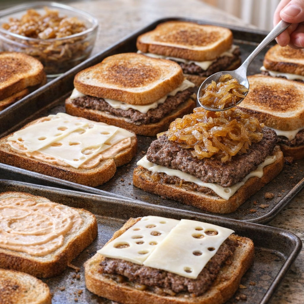 Patty melts being assembled on sheet pans