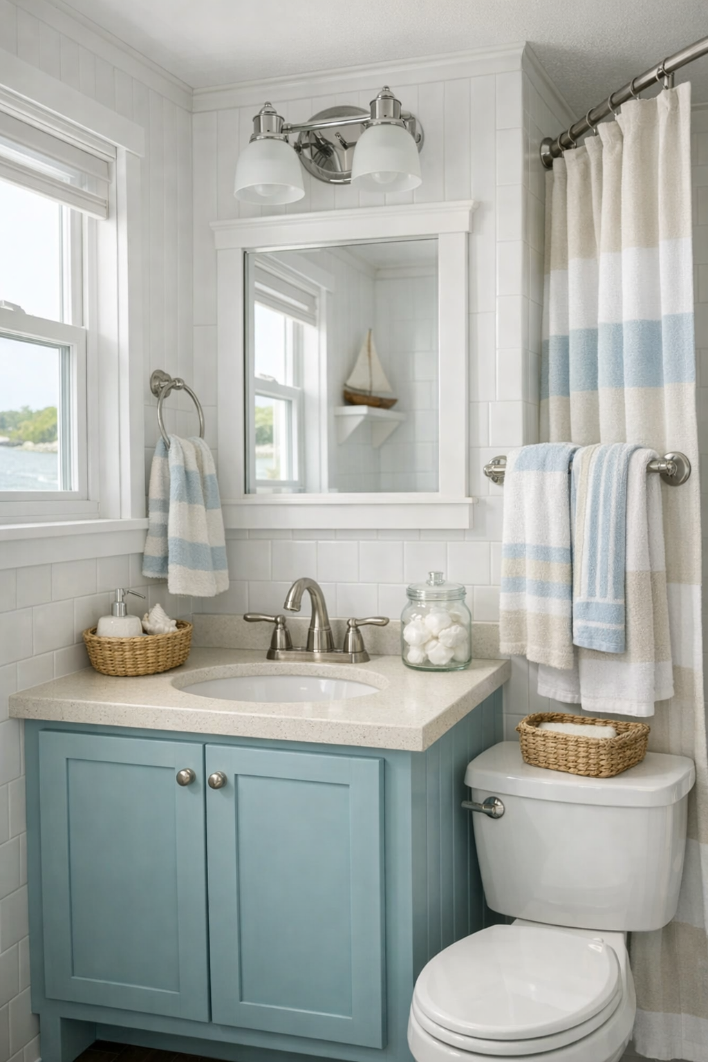 Fresh coastal bathroom with white tile, compact vanity, and polished fixtures