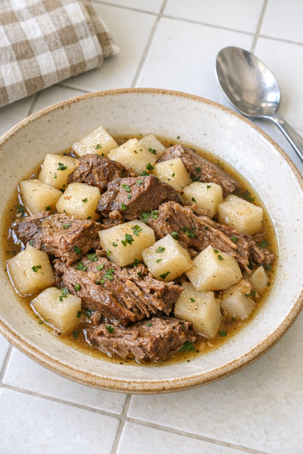 Finished Amish beef and turnips plated in a rustic bowl