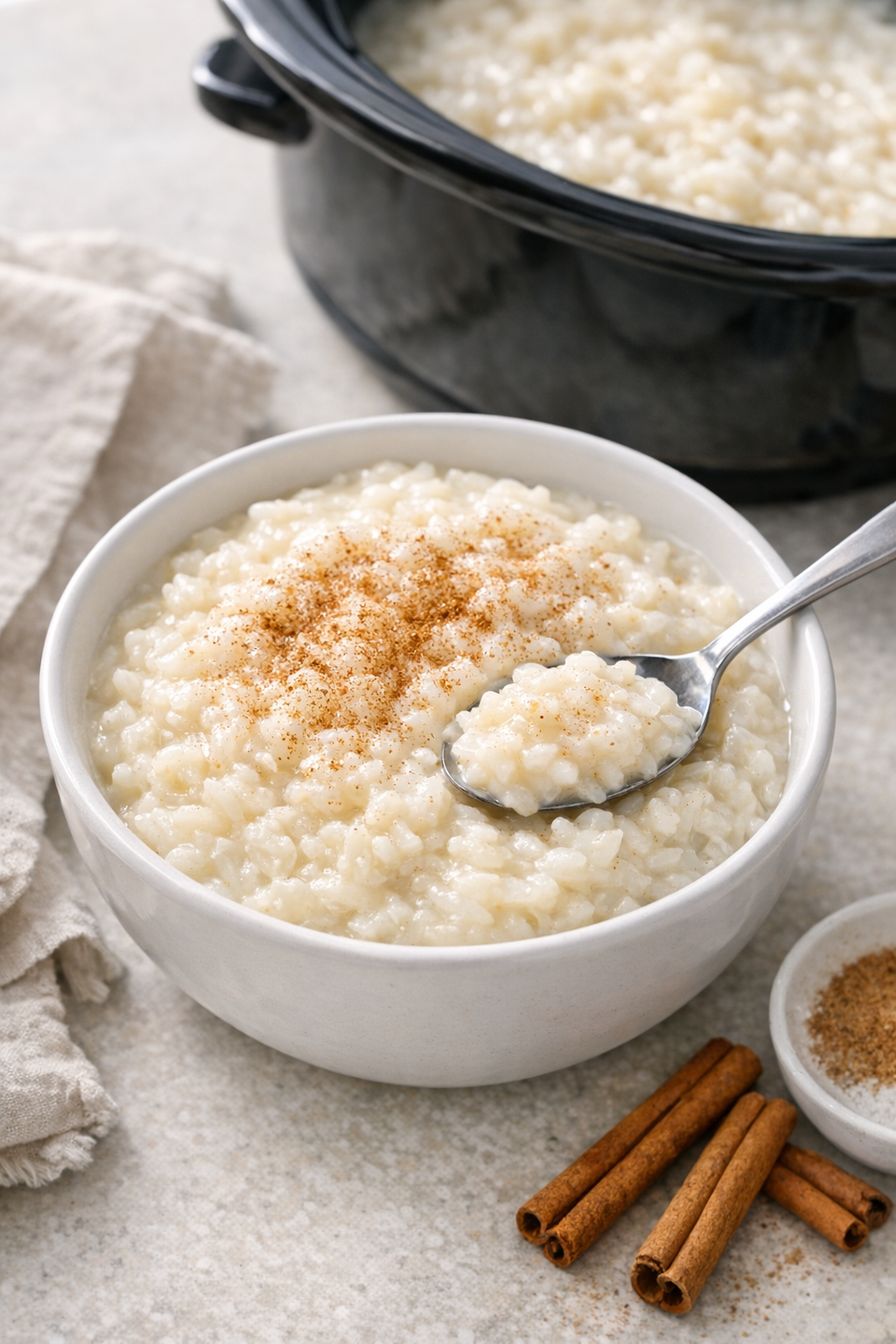Creamy slow cooker rice pudding dessert in a bowl