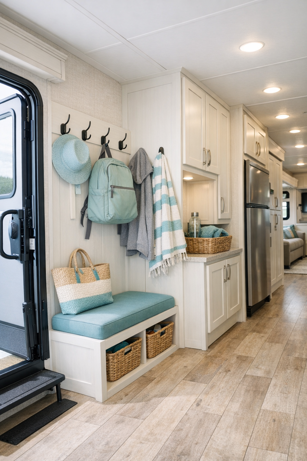 RV camper entry and hallway storage with pale wood finishes