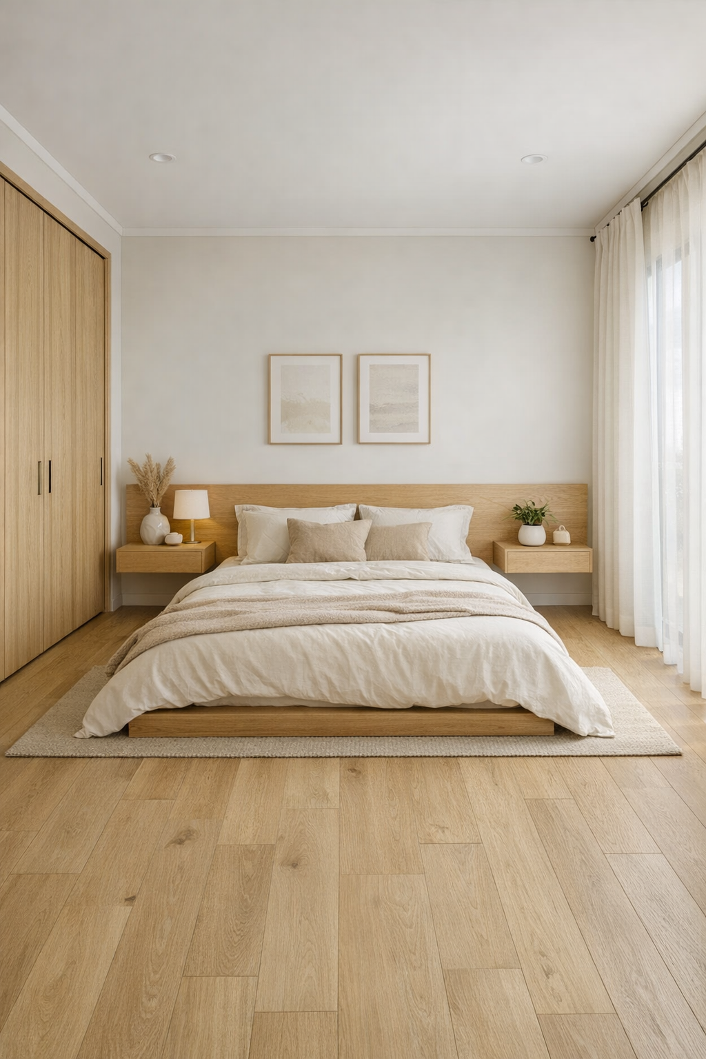 Calm neutral bedroom with accessible layout and layered textiles