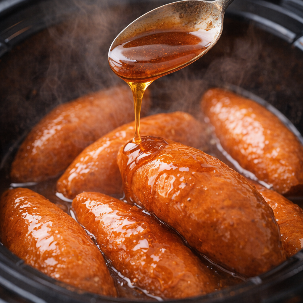 A spoon drizzling syrup over cooked sweet potatoes