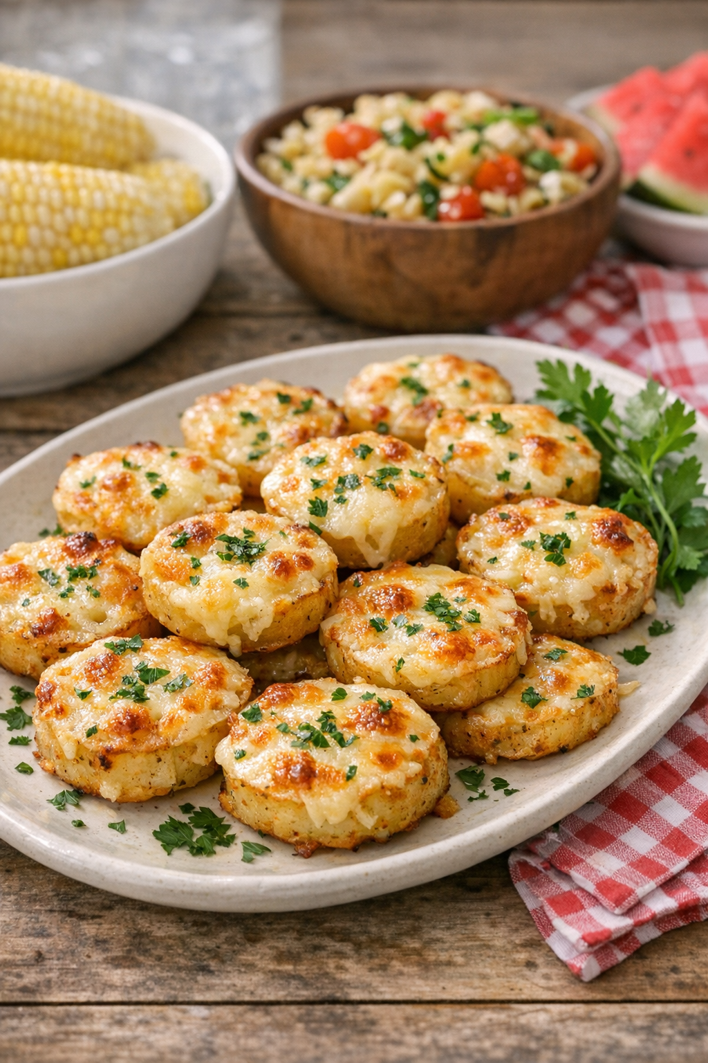 Plated Swiss potato gratin bites served warm with simple sides