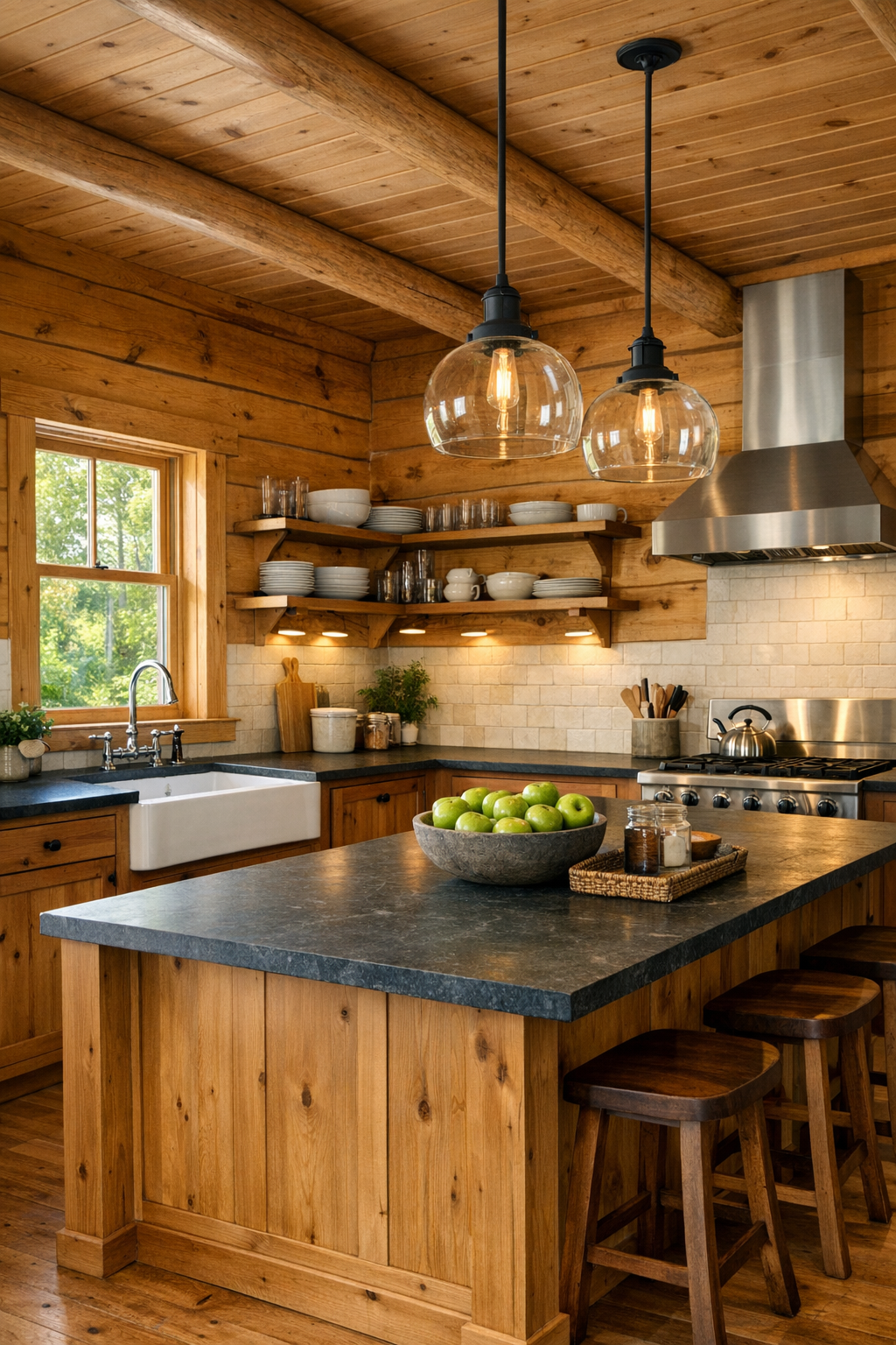 Warm wood kitchen with custom cabinetry and large island