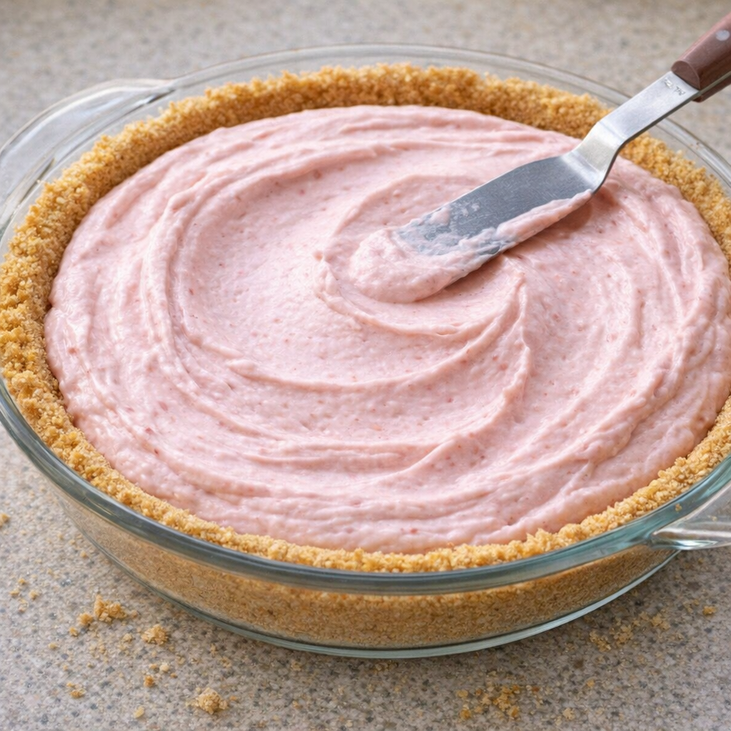 Pink strawberry fluff filling being spread into graham cracker crust