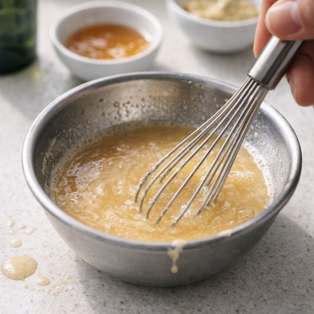 Honey and Dijon whisked with sparkling wine in a small bowl