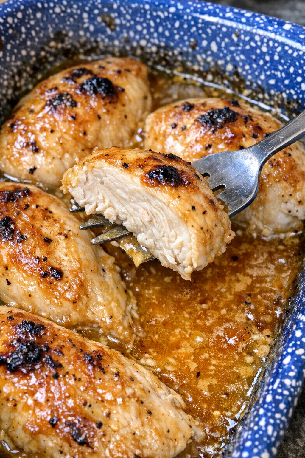 Chicken breasts in golden sauce in a blue speckled casserole dish