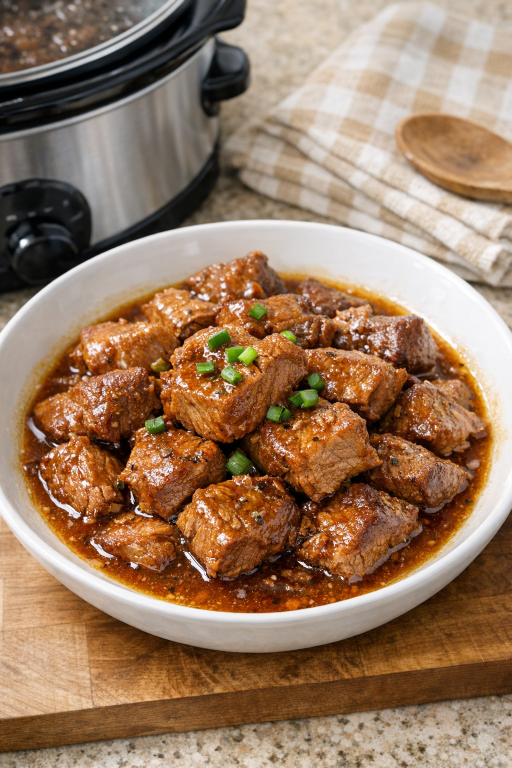Finished slow cooker pork plated with sauce