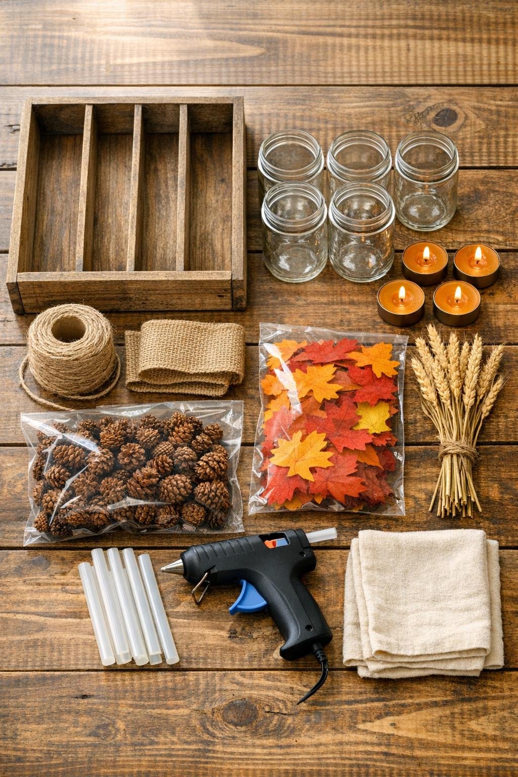 Materials laid out for the windowsill candle lantern