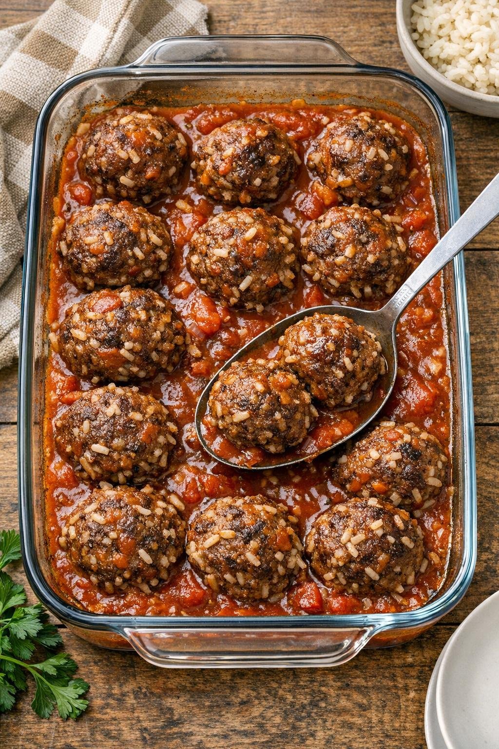 Finished vintage porcupine meatballs in tomato sauce
