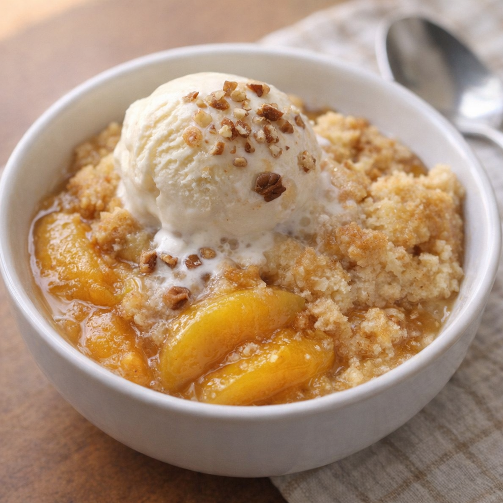 A bowl of peach cobbler topped with vanilla ice cream and chopped nuts