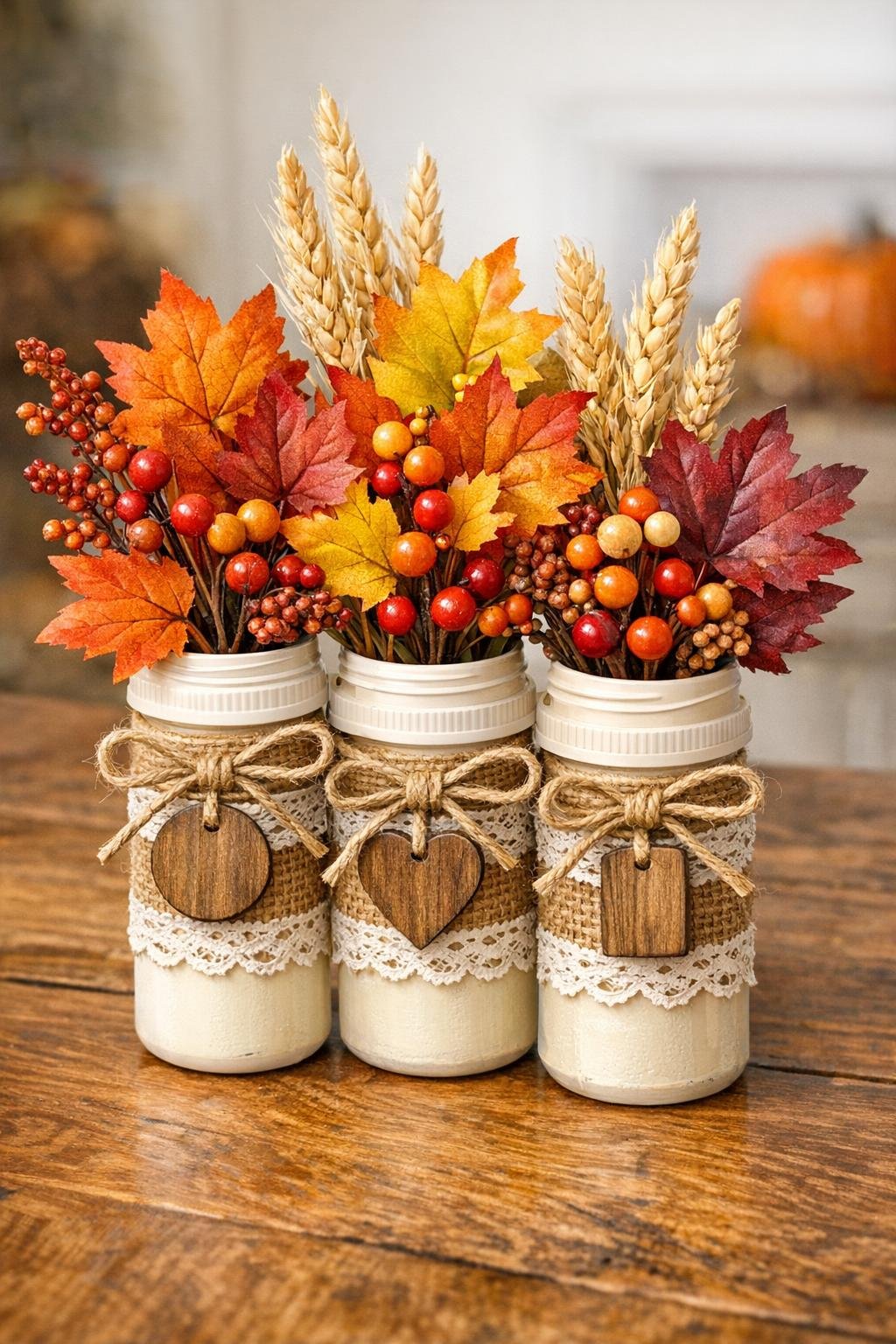 Finished trio of autumn bud vases made from pill bottles