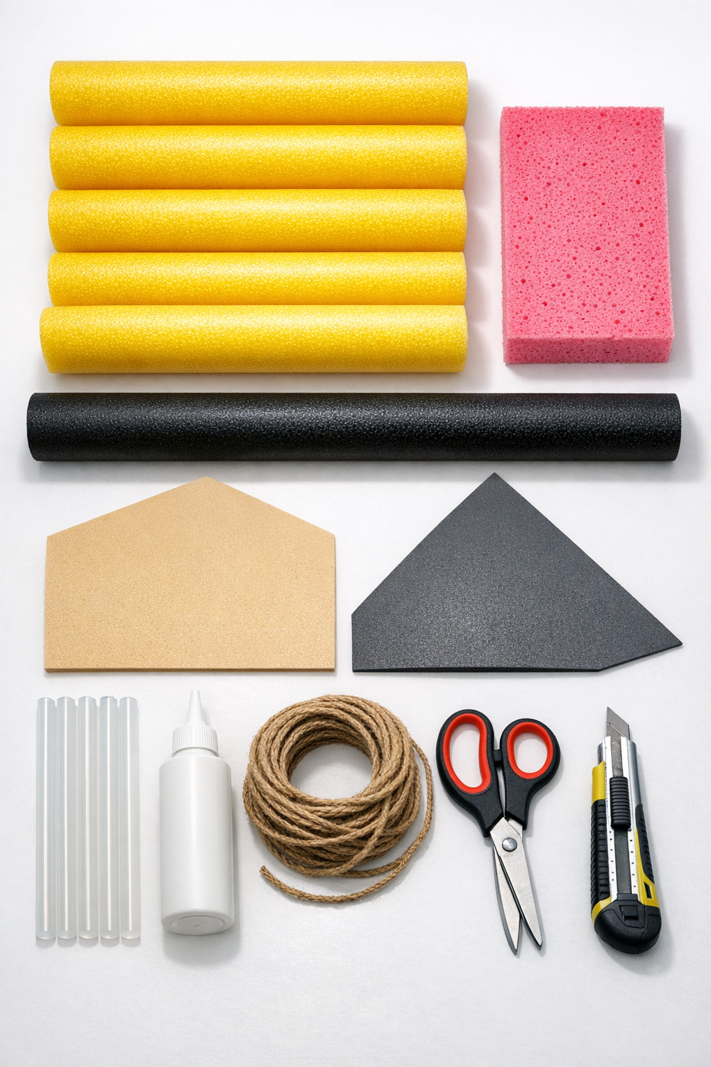 Materials for a giant pencil door hanger laid out on a table