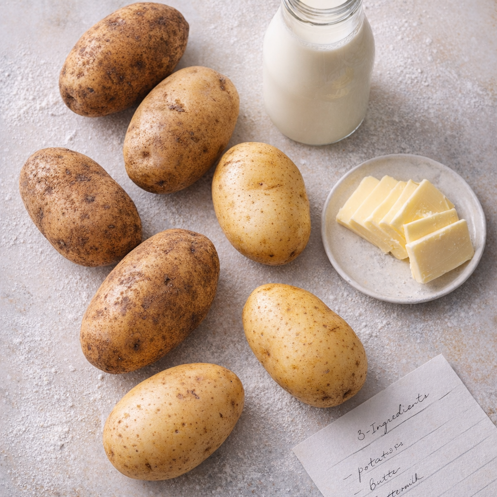 Potatoes, buttermilk, and butter arranged on a countertop