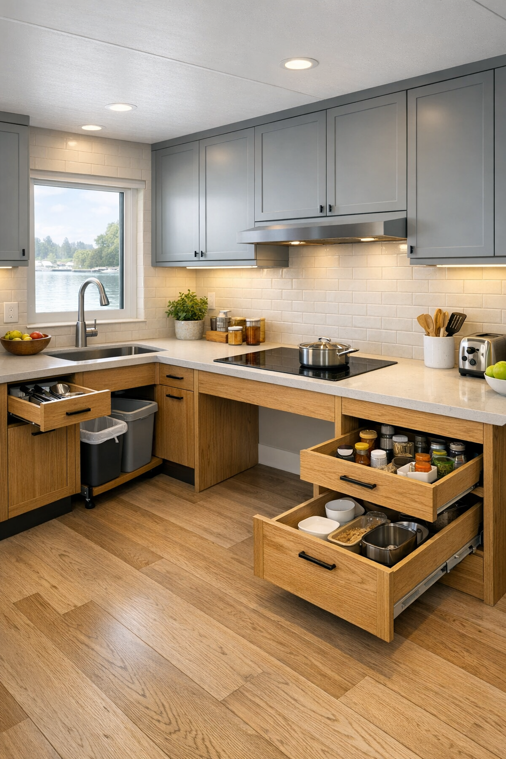 Accessible kitchen with oak cabinetry, pale quartz counters, and open turning space