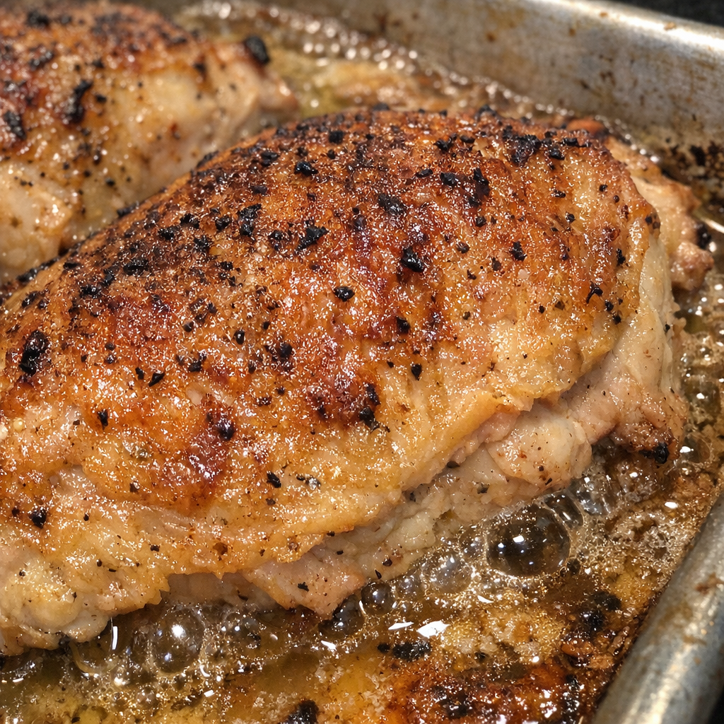 Roasted protein bubbling in a metal baking sheet
