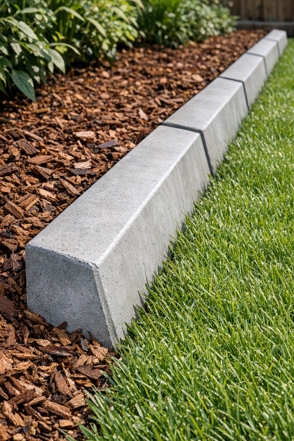 Finished heavy angled concrete yard edging installed along a garden bed