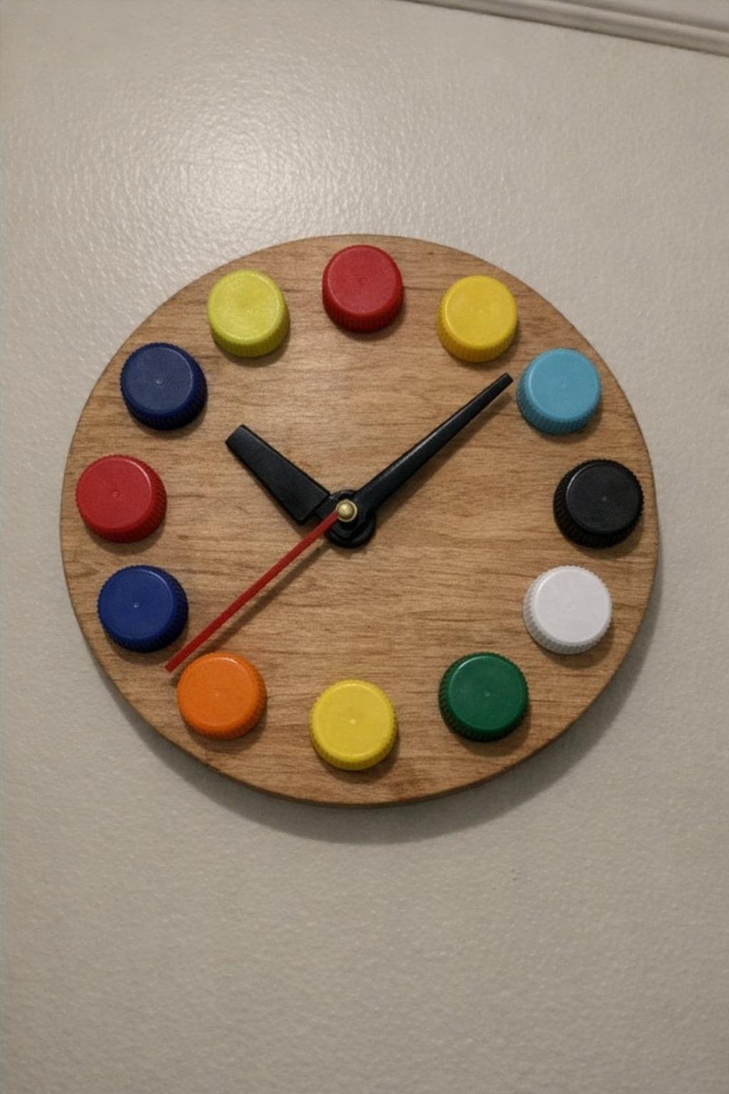 Wall clock with bottle cap hour markers