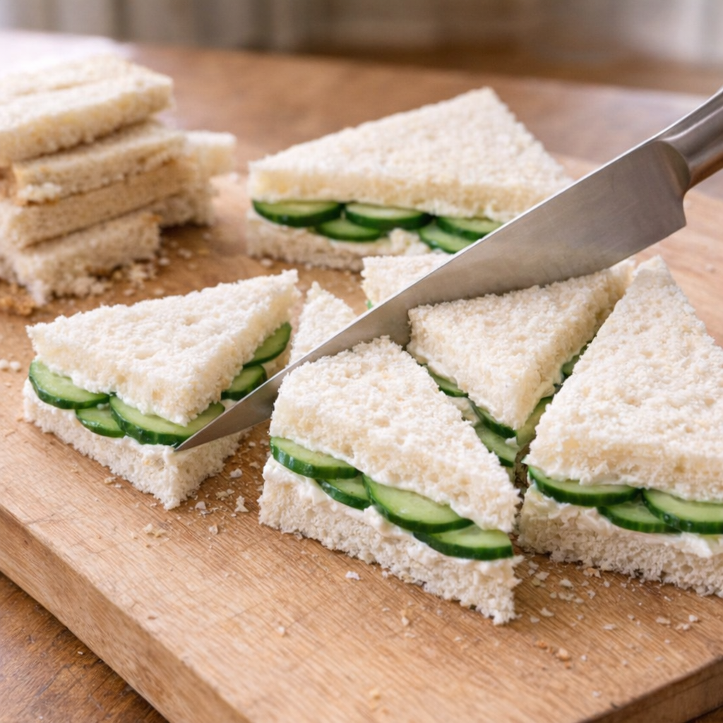 Crustless cucumber sandwiches being cut into triangles