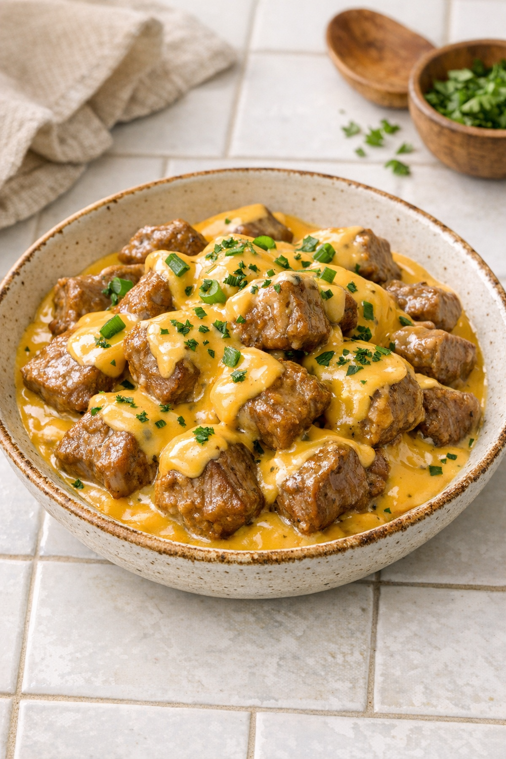Finished queso beef bites plated in a rustic bowl