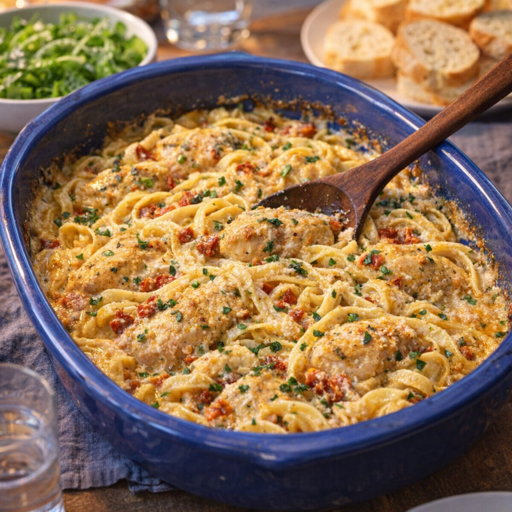 Baked marry me chicken pasta in a blue baking dish on a dinner table