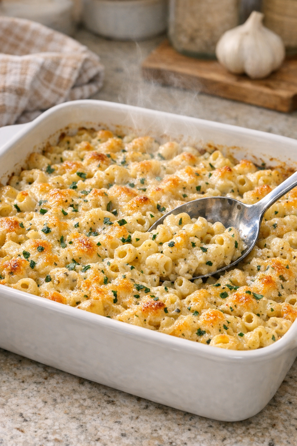 Finished baked savory herb cream macaroni in a casserole dish