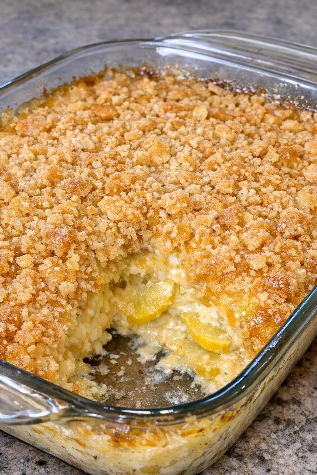 Golden cracker-topped casserole in a glass baking dish