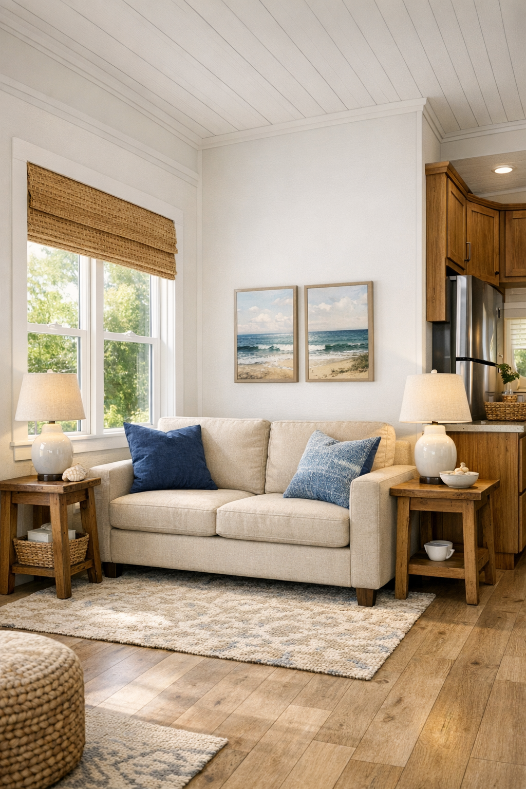 Bright coastal living room with white walls, pale wood floors, and blue accents