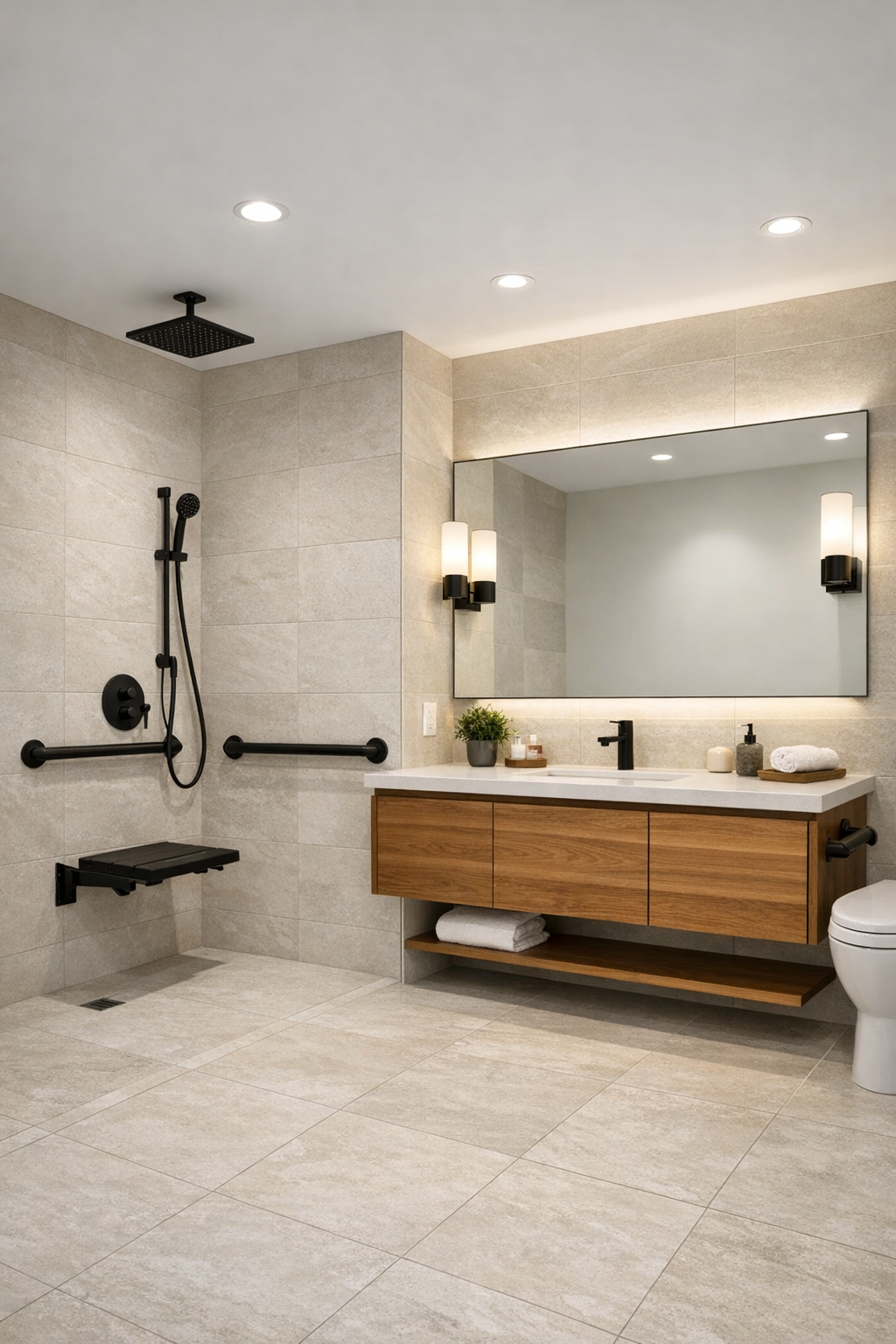 Modern accessible bathroom with curbless shower, pale stone tile, warm wood vanity, and matte black fixtures