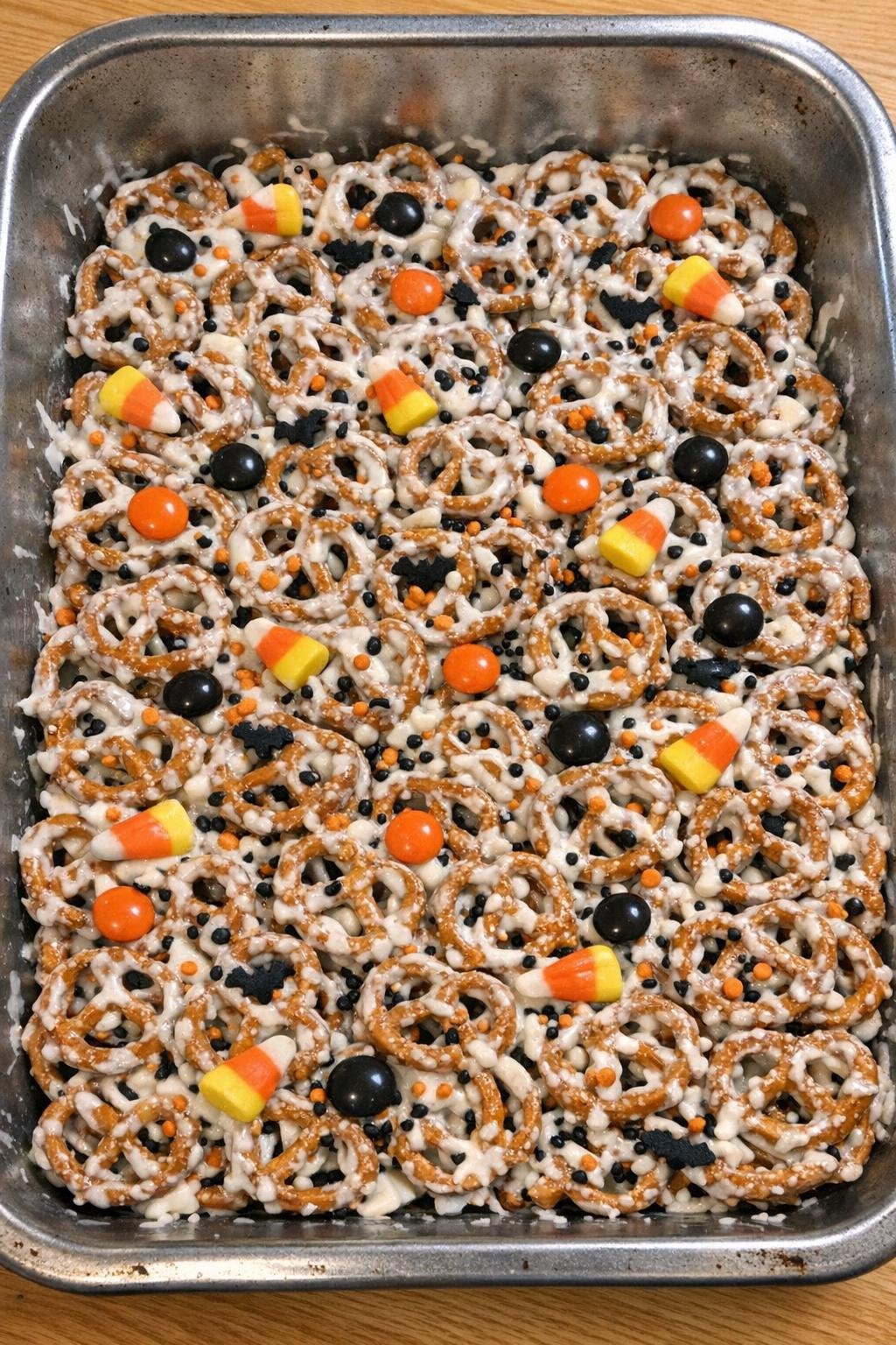 Finished Halloween pretzel dessert in roasting pan