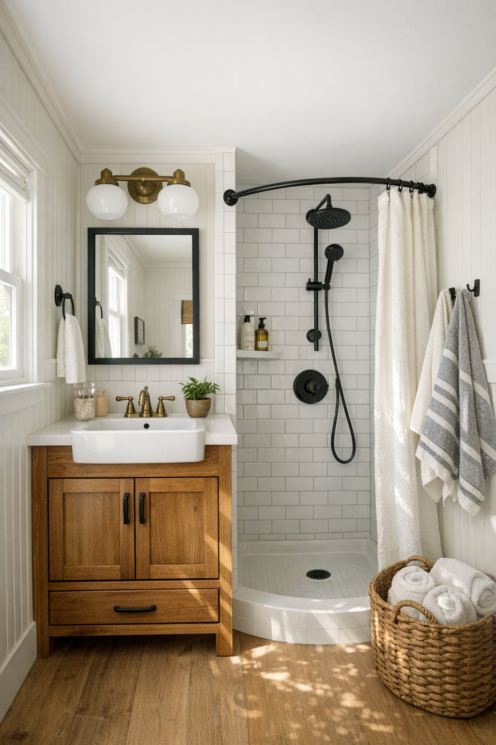 Compact bathroom with a wood vanity, white tile shower, beadboard walls, and bright natural light